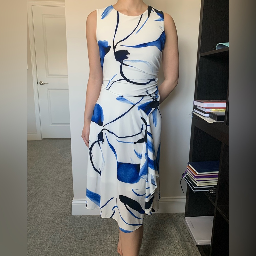 DKNY (EUC)✨WHITE & BLUE MIDI DRESS